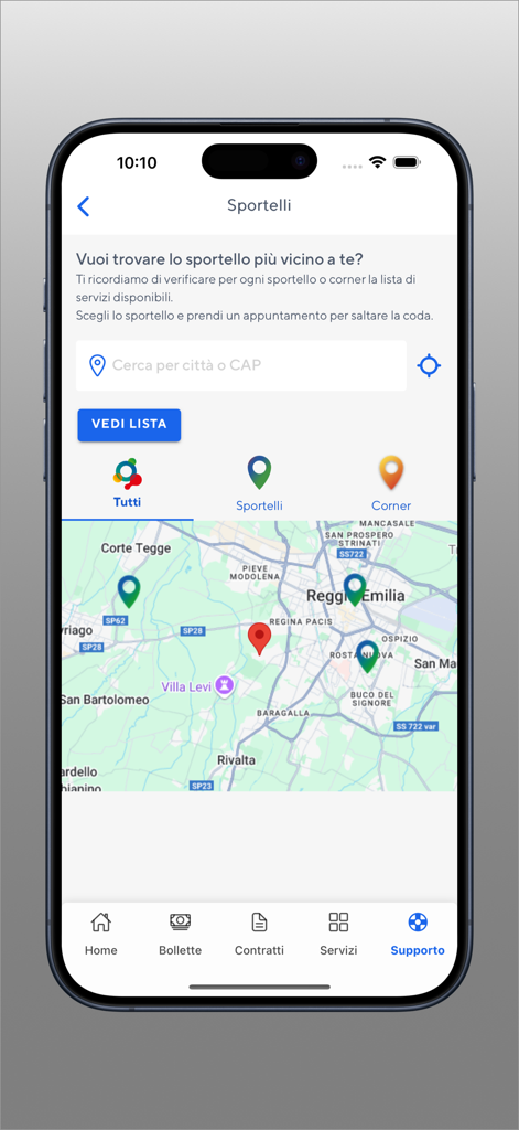 IrenYouアプリのインターフェース。サービスカウンターの場所とサポート検索機能が表示された地図を表示しています。