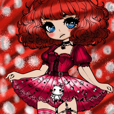 female with an hourglass waist,short fluffy and curly hair and sweet soft eyes with fluffy lashes, and a soft smile with lipstick,wearing a ruffled corset a cute short kawaii overall skirt with a hello kitty pattern and mismatch heart and stripe socks and doll platform shoes