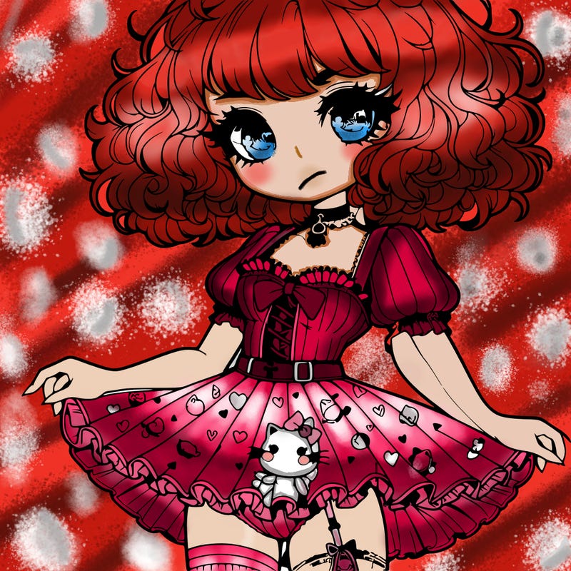 female with an hourglass waist,short fluffy and curly hair and sweet soft eyes with fluffy lashes, and a soft smile with lipstick,wearing a ruffled corset a cute short kawaii overall skirt with a hello kitty pattern and mismatch heart and stripe socks and doll platform shoes