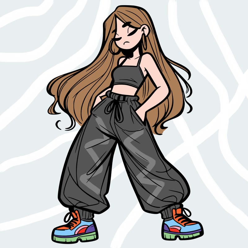 girl in baggy pants crop top and long hair