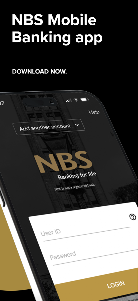 Pantalla de inicio de sesión de la aplicación NBS Banca Móvil en un smartphone