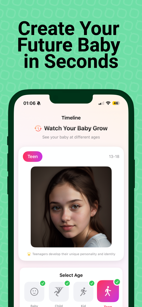 AI Baby Generator - Pēpe - AI Baby Generator app screen showing a realistic teenage girl face prediction with age progression options.