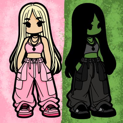 girl in baggy pants crop top and long hair