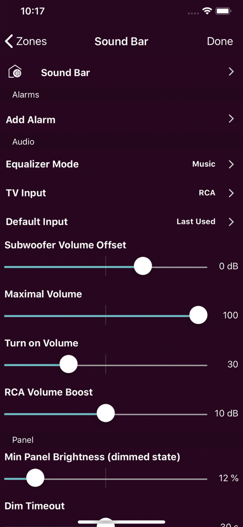 Nuvo Player - Schermata di configurazione audio dettagliata nell'app Nuvo Player che mostra i cursori per lo spostamento del volume e i livelli di luminosità per una zona soundbar.