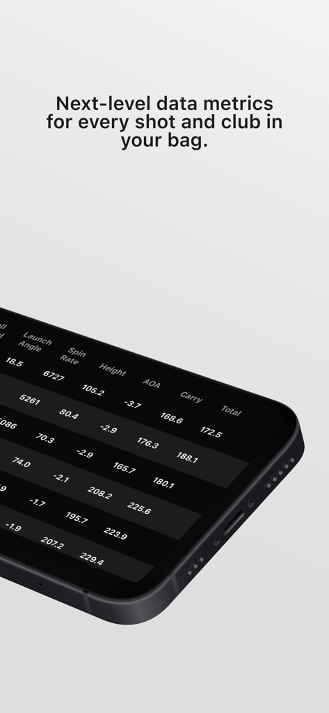 iPhoneのShotVisionアプリインターフェイスに、打ち出し角度やボールスピンレートなどの詳細なゴルフパフォーマンス指標が表示されています。