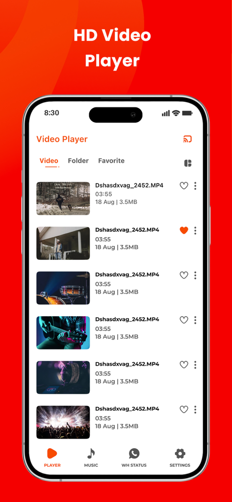 Schermata dello smartphone che mostra la funzionalità HD Video Player dell'App Musica Offline con un elenco di file video e miniature
