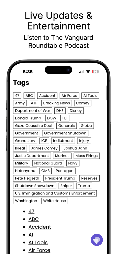 VNN news app interface showing a comprehensive list of trending topic tags for political and breaking news coverage