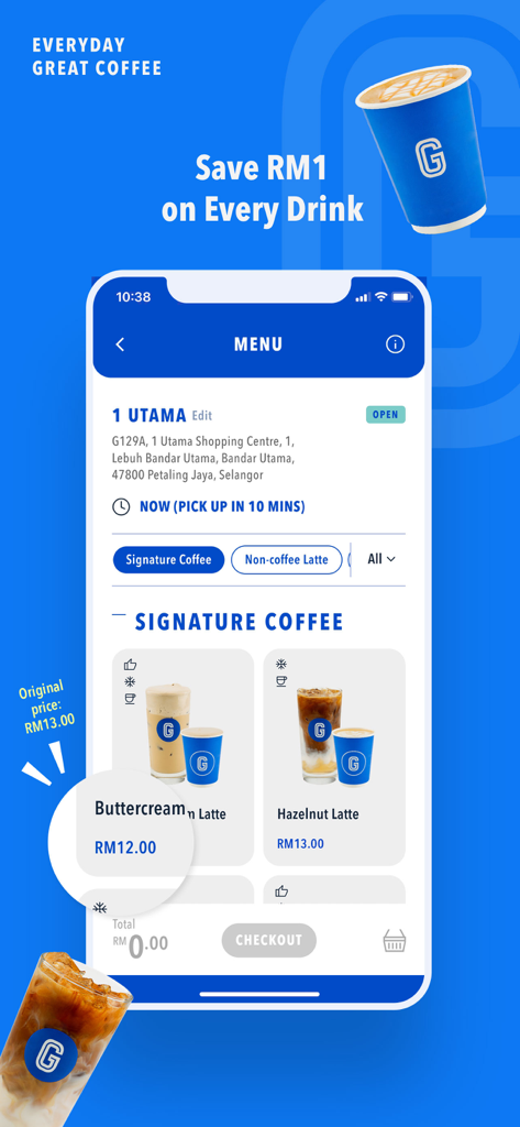 Gigi Coffee - Gigi Coffee mobile app menu showing signature lattes and a discount offer