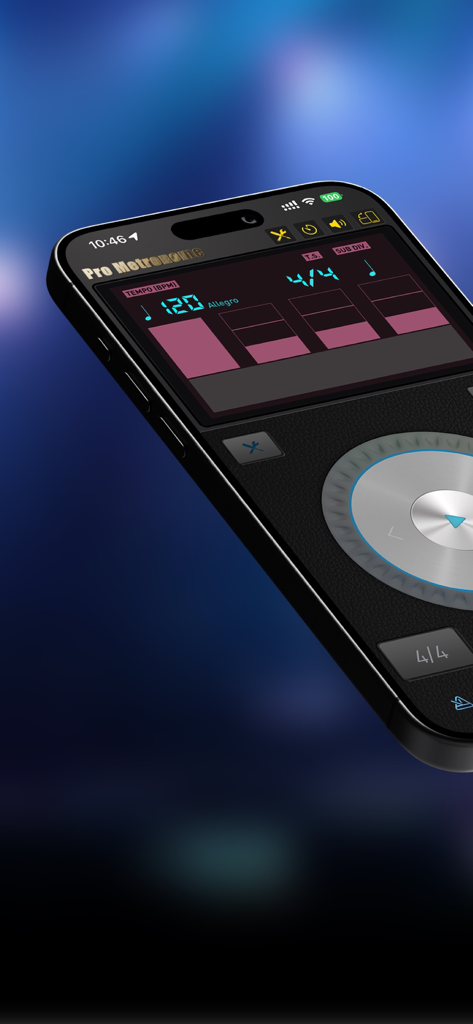 Pro Metronome - Tempo & Tuner - Pro Metronome 앱 인터페이스가 스마트폰에 표시되며 템포 및 비트 설정을 보여줍니다.