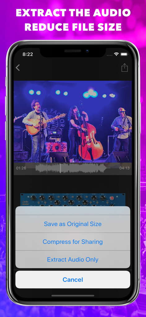 iPhone screen showing options to extract audio or compress a live music video in the VideoMaster app