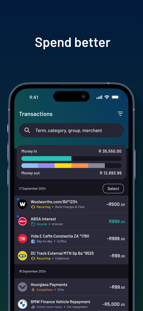 Vault22 - A smartphone screen displaying the Vault22 app transactions page with categorized spending and income tracking.