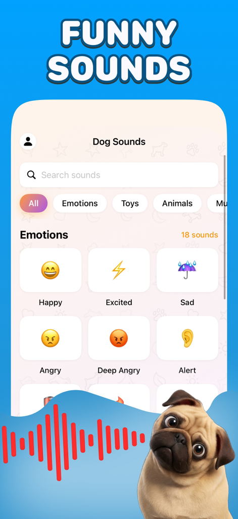 Interface of the Dog Translator app showing various dog sound categories like emotions and toys for pet communication