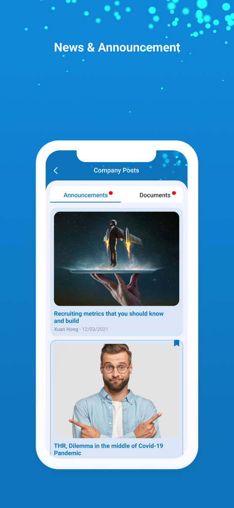 Cadena HRM - Cadena HRM mobile app interface displaying company news and internal announcements feed.