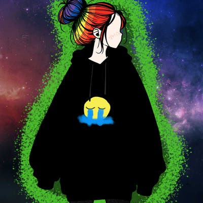 realistic girl with a oversized sweatshirt on and a bun