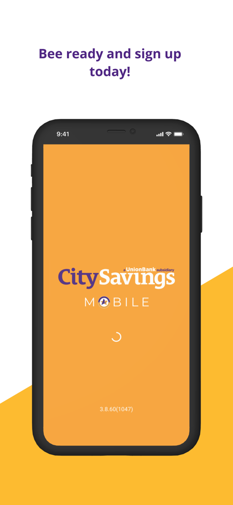 CitySavings Mobile - CitySavings Mobile app splash screen featuring the logo and a signup message