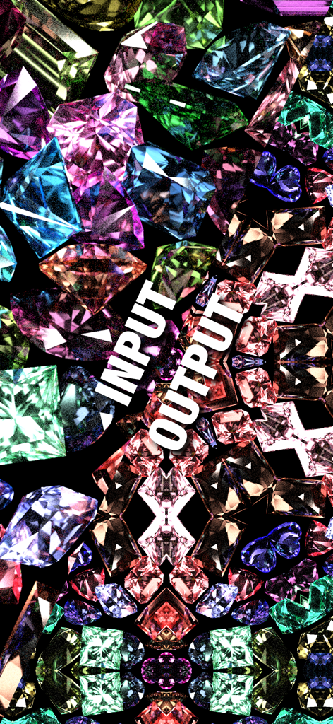 A split screen display showing colorful raw gemstones as input and a symmetrical kaleidoscope pattern as output