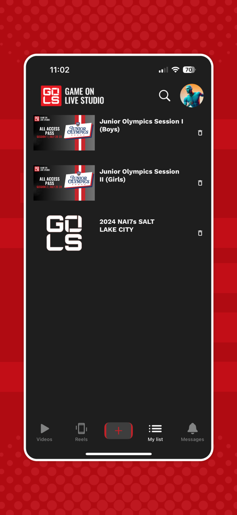 GOLS App - The My List screen in the GOLS App featuring saved youth sports events like Junior Olympics sessions.
