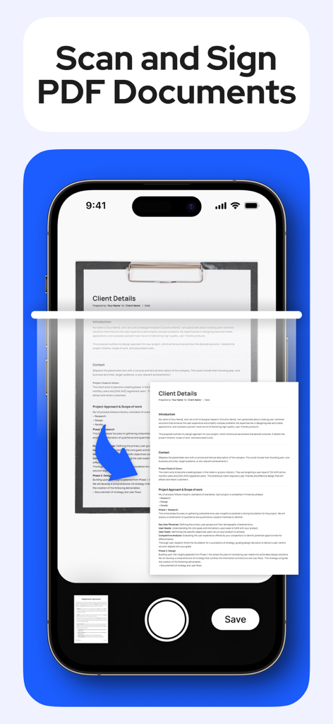 紙の書類をスキャンし、PDFとして署名するためのスマートフォンのインターフェース