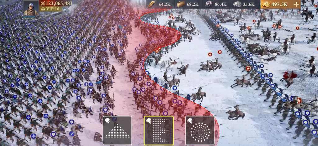 Frost & Flame: King of Avalon - A massive army battle taking place in a snowy landscape with strategy formation controls in King of Avalon