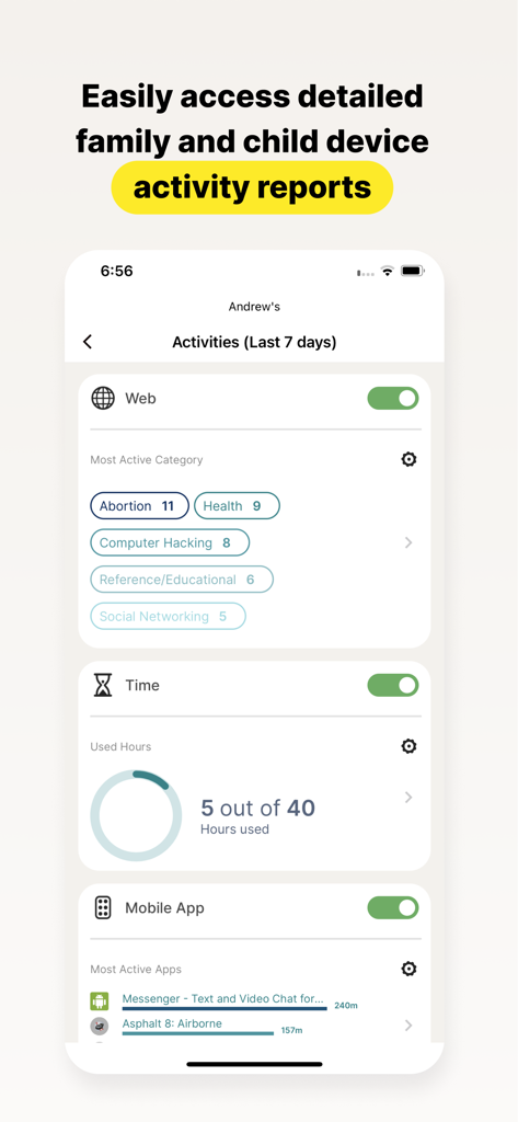 Norton Family Parental Control - A detailed child activity report in the Norton Family app showing web categories screen time and app usage