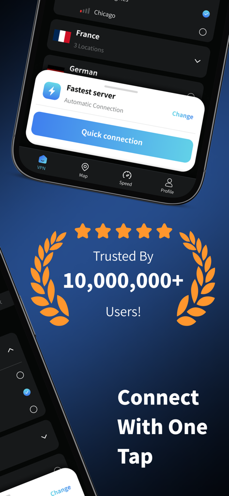 Outline VPN - Fast, Secure VPN - Outline VPN mobile app interface showing a quick connection button and trust badge for ten million users.