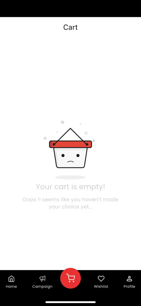 Brandwave.ai - Empty shopping cart screen on the Brandwave app featuring a sad basket illustration