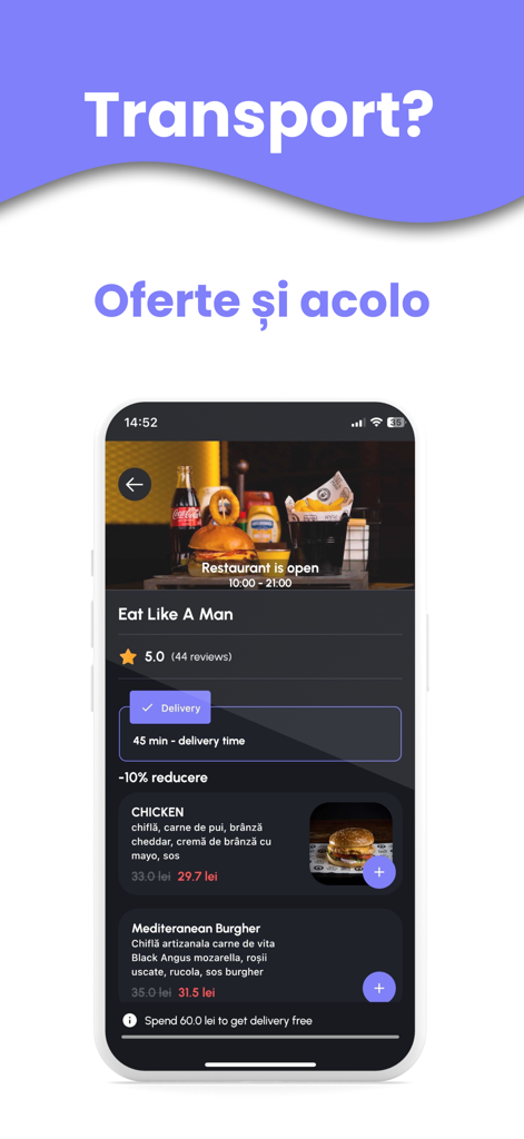 Riveat: Food Ordering and More - Riveat mobile app interface showing a local restaurant menu with burger options and delivery discounts