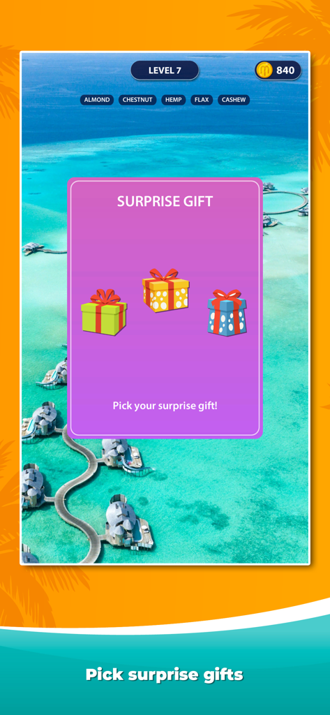 열대 해변 배경 위에 세 개의 다채로운 선물 상자가 있는 깜짝 선물 팝업을 보여주는 Word Surf 게임 화면.