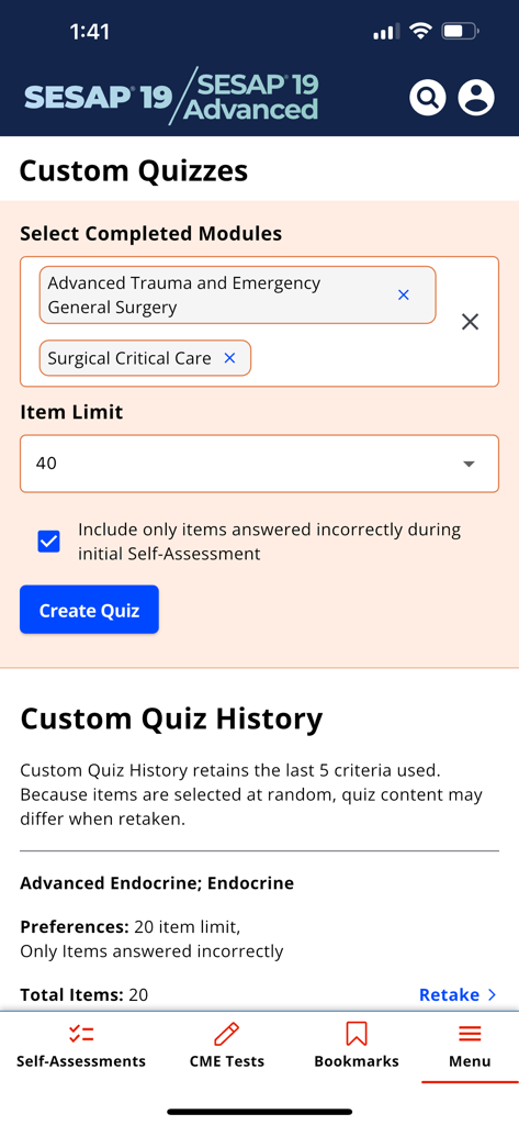 ACS SESAP 19 - Interface of the ACS SESAP 19 app showing the Custom Quizzes creation screen where surgeons can select modules and set item limits for study.