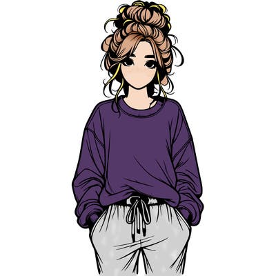 realistic girl in a messy bun with sweatpants and sweatshirt