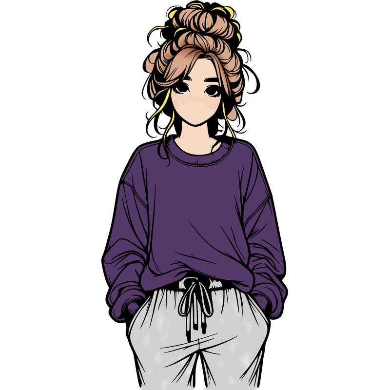 realistic girl in a messy bun with sweatpants and sweatshirt