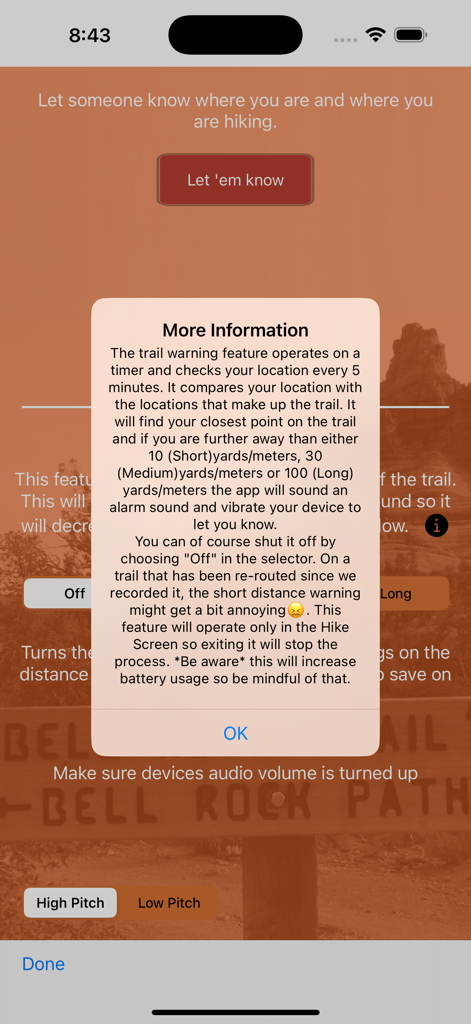 A detailed information popup explaining the GPS trail warning and safety alert system in the Sedona Hiking app
