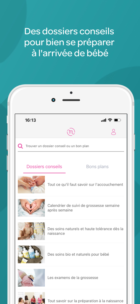 Screenshot of the Materniteam app displaying a list of medical advice articles for pregnancy and baby care