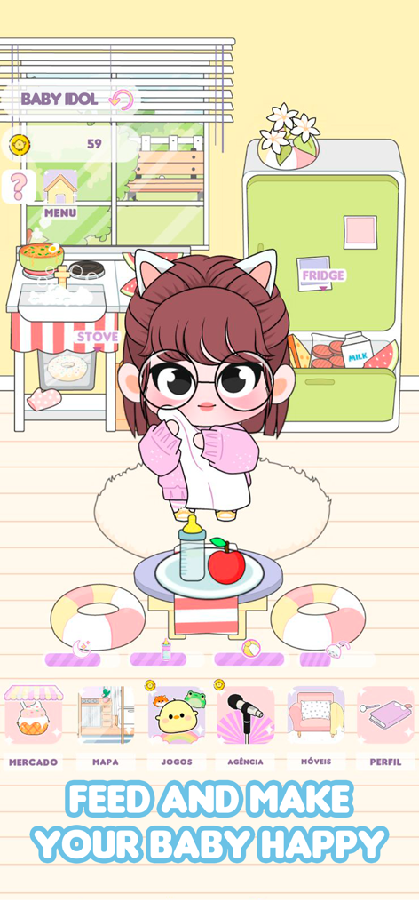 Baby Idol Care & Dress Up - A chibi-style baby idol character in a kitchen with a baby bottle and apple on a table, featuring UI elements for feeding and care.