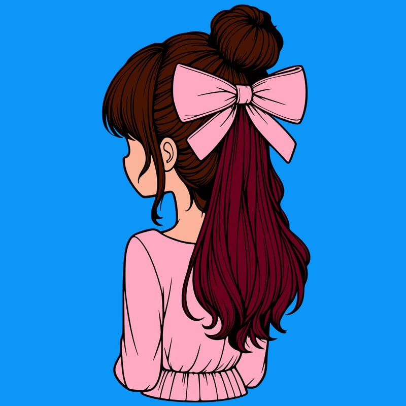 realistic girl  with hip length hair a bun and a big bow on the back of head