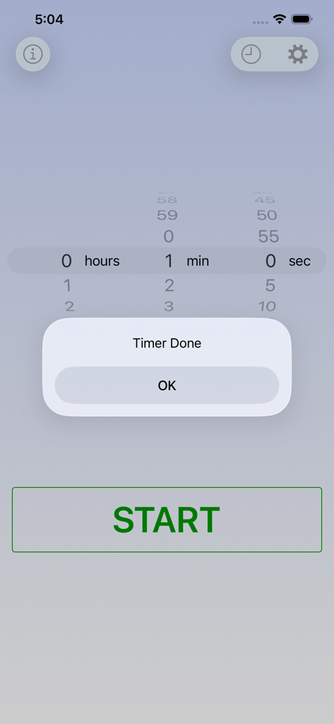 Voice Over Timer - Screenshot of the Voice Over Timer app interface showing a Timer Done notification pop up