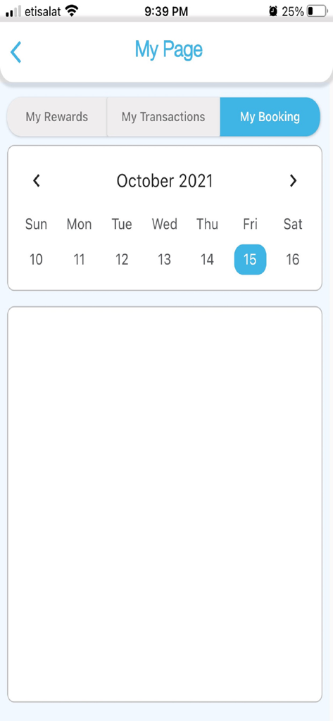 Sharjah Ladies Club - The My Booking calendar screen of the Sharjah Ladies Club mobile app showing a selected date for scheduling services.
