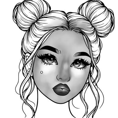 realistic girl with two buns on her hair and lips