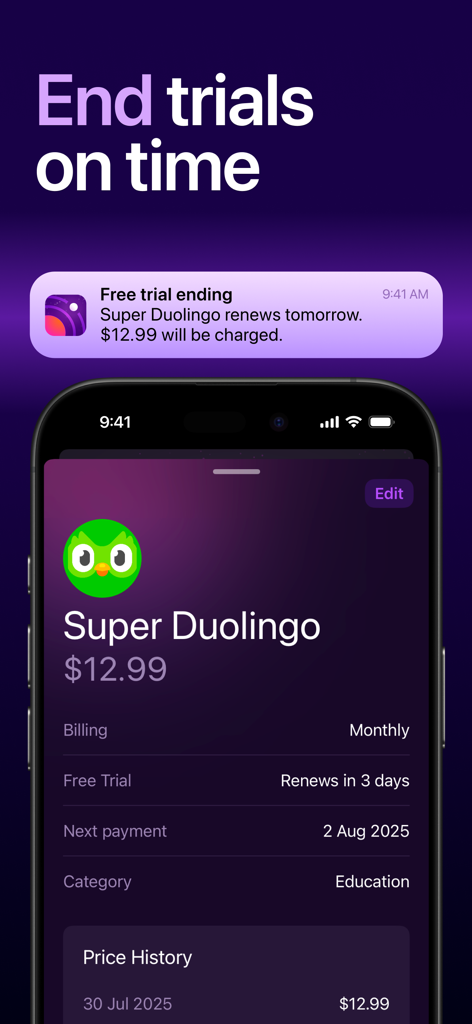 Avviso di notifica dell'app Orbit per un imminente rinnovo di prova gratuita
