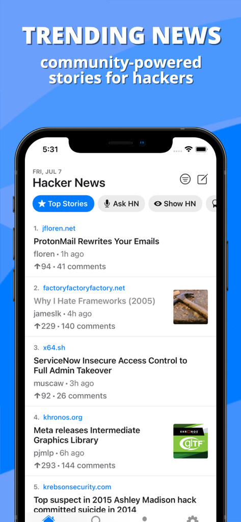Screenshot of Octal app displaying a list of trending news stories from Hacker News on an iPhone.