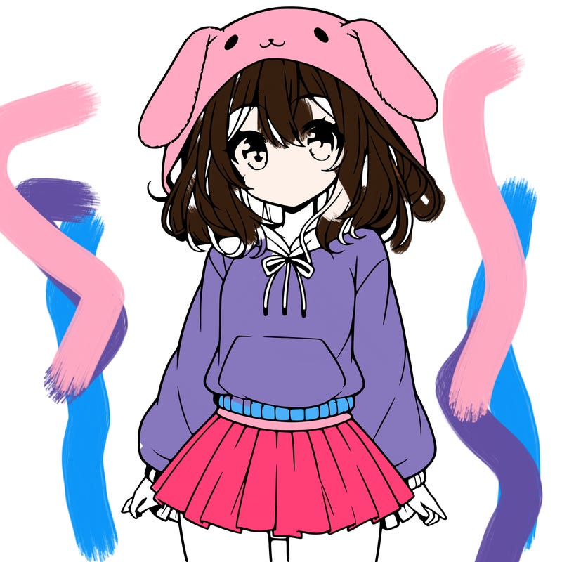 pretty anime girl wearing a fluffy hoodie with bunny ears on the hood and a skirt