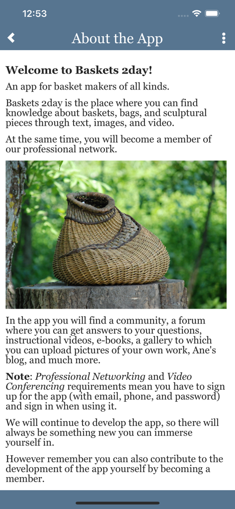 Baskets 2day - Baskets 2dayアプリのアバウトページ。サービスの説明とユニークな手編みのバスケットが掲載されています。