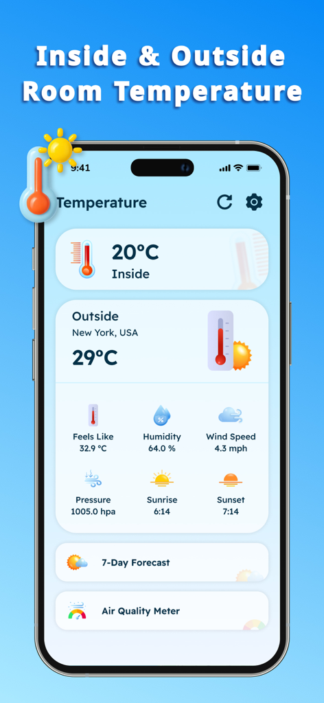 Thermometer - Inside & Outside - Mobile app interface displaying inside and outside room temperatures with weather details like humidity and wind speed