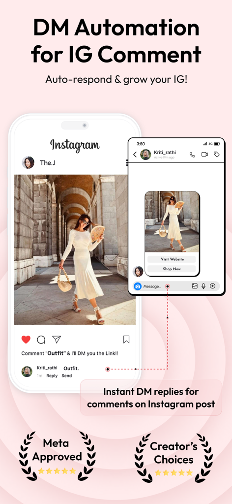 ReplyRush Comment Auto Reply - Mobile app interface demonstrating automated Instagram DM replies triggered by post comments.