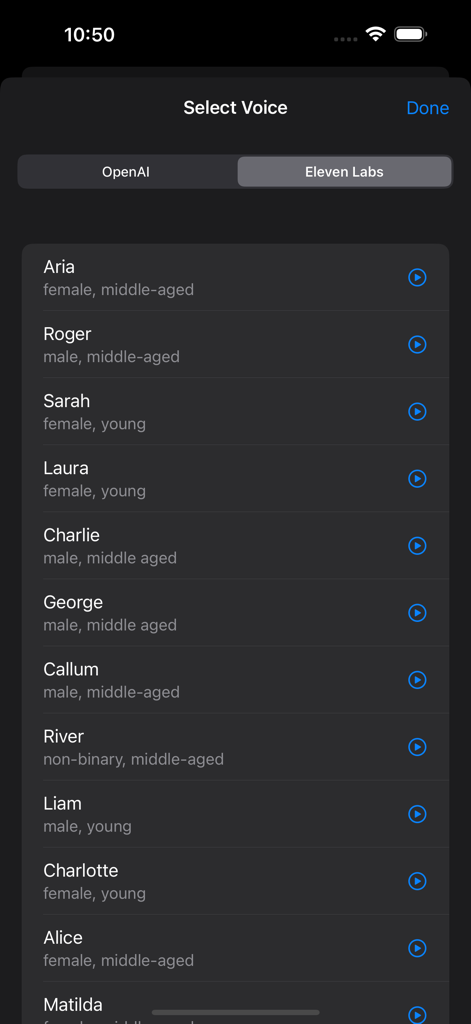 Interfaz para seleccionar varias voces de IA de proveedores como Eleven Labs y OpenAI