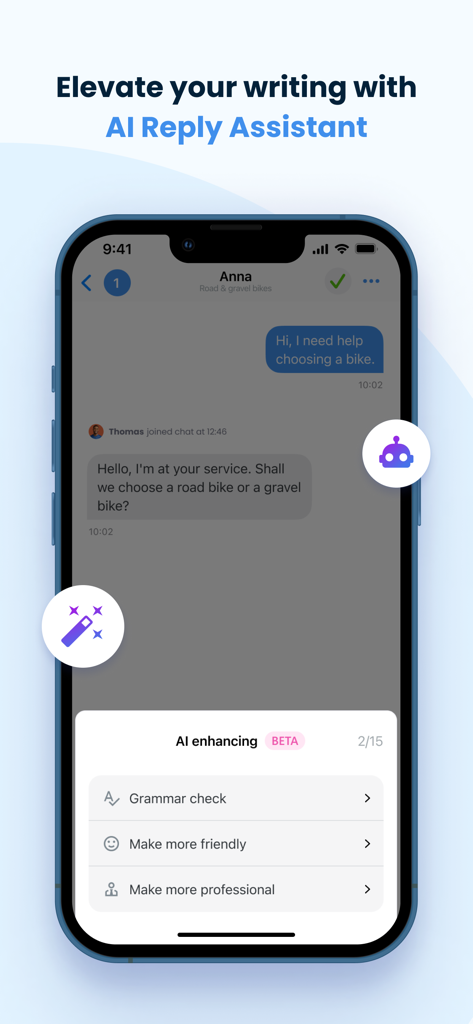 Interfaccia dell'app mobile Smartsupp che mostra la funzione di assistente di risposta AI per migliorare i messaggi di chat dei clienti