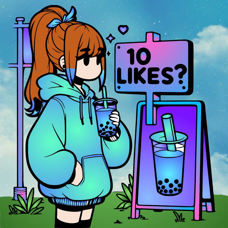 girl with oversized hoodie drinking boba and she has a high ponytail with a sign that says 10likes?