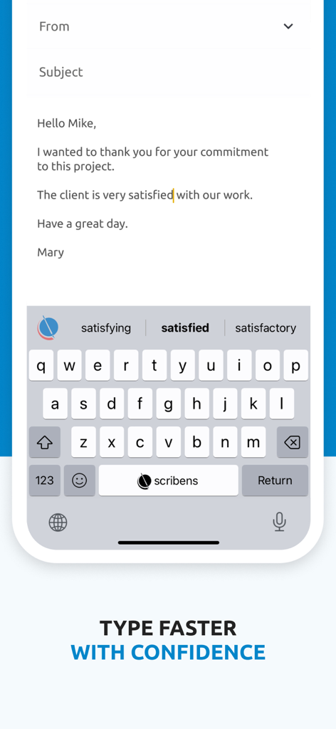 Scribens - Correcteur - Scribens keyboard interface showing real-time word suggestions while writing a professional email on an iPhone