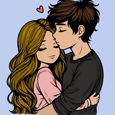 a realistic couple boy and girl hugging and kissing
