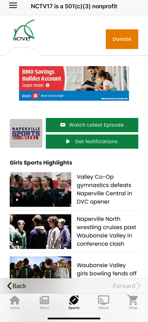 NCTV17 - Écran de l'application NCTV17 affichant les faits saillants des sports des écoles secondaires locales de Naperville et la section Naperville Sports Weekly.